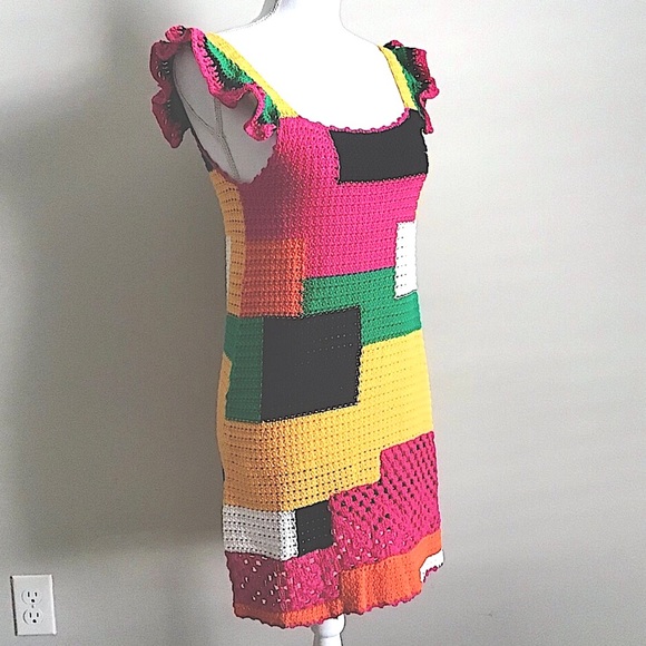 zara patchwork crochet dress Zara Like New Multicolor Crochet Mini Dress